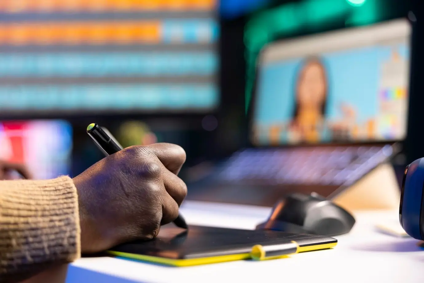 Afroamerikanische/r Grafikdesigner/in arbeitet an einem Fotoretusche-Projekt.